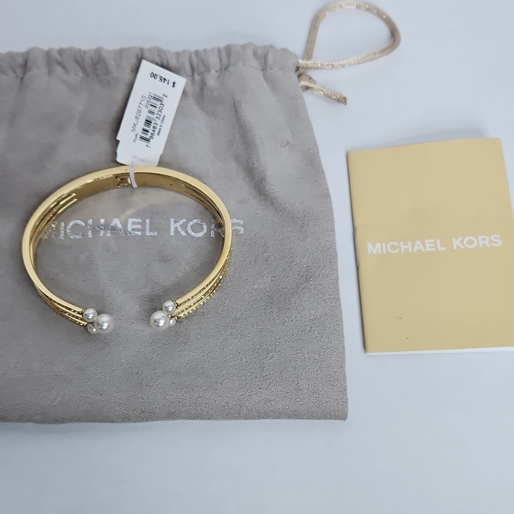 Michael Kors Gold Tone Pearl & Crystal Hinge Bracelet w/ Tags - Picture 2 of 8